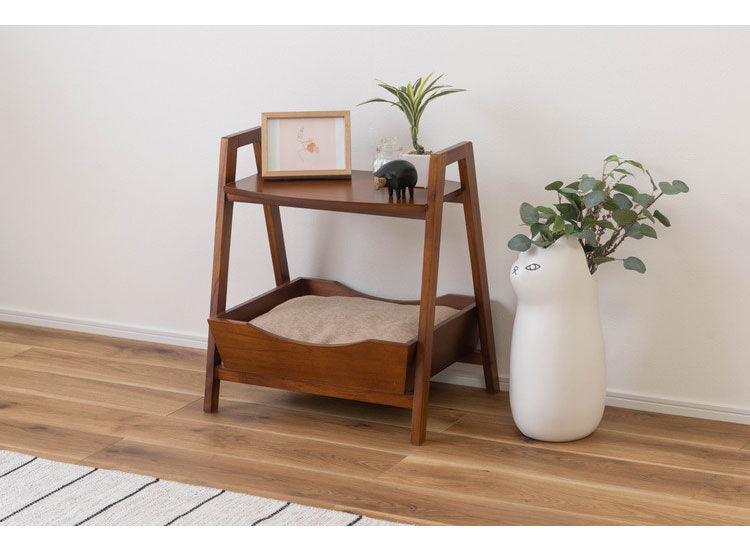 ペットベッド サイドテーブル テーブル ペット 犬 猫 ウサギ シンプル おしゃれ 北欧 持ち手 ハンドル クッション付き 木製 天然木 ナチュラル ブラウン リビング 高さ60cm(代引不可)