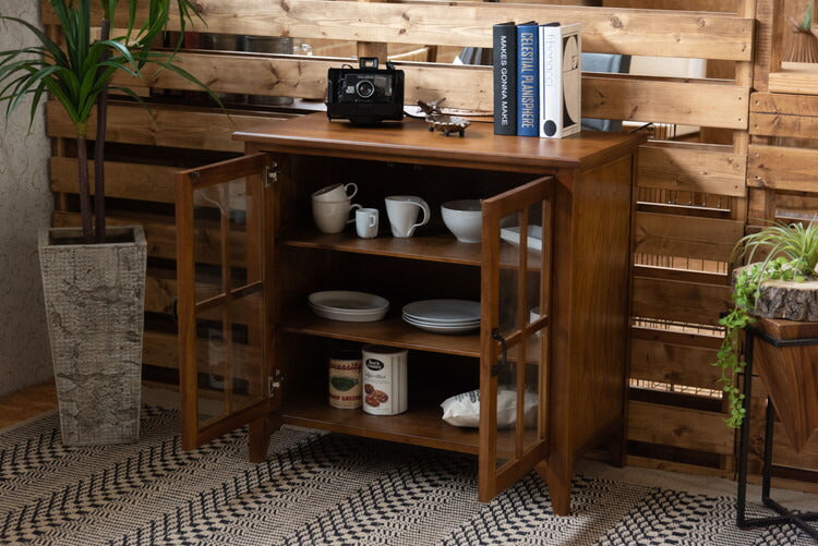 キャビネット ミンディ材 天然木 アンティーク スリム 省スペース 小さめ 黒アイアン ブラウン 収納 扉付き 棚付き ガラス扉 おしゃれ 模様替え(代引不可)