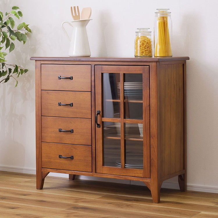 キャビネット ミンディ材 天然木 アンティーク スリム 省スペース 小さめ 黒アイアン ブラウン 収納 扉付き 棚付き 引き出し付き ガラス扉 おしゃれ 模様替え(代引不可)