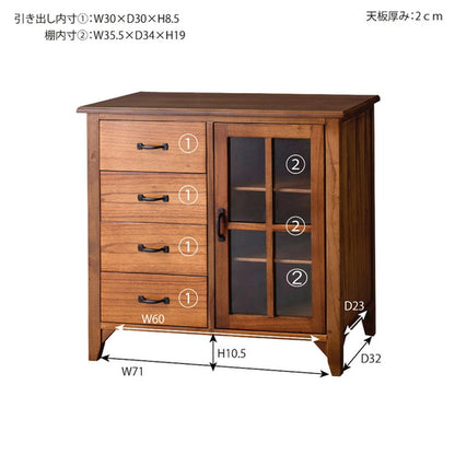 キャビネット ミンディ材 天然木 アンティーク スリム 省スペース 小さめ 黒アイアン ブラウン 収納 扉付き 棚付き 引き出し付き ガラス扉 おしゃれ 模様替え(代引不可)