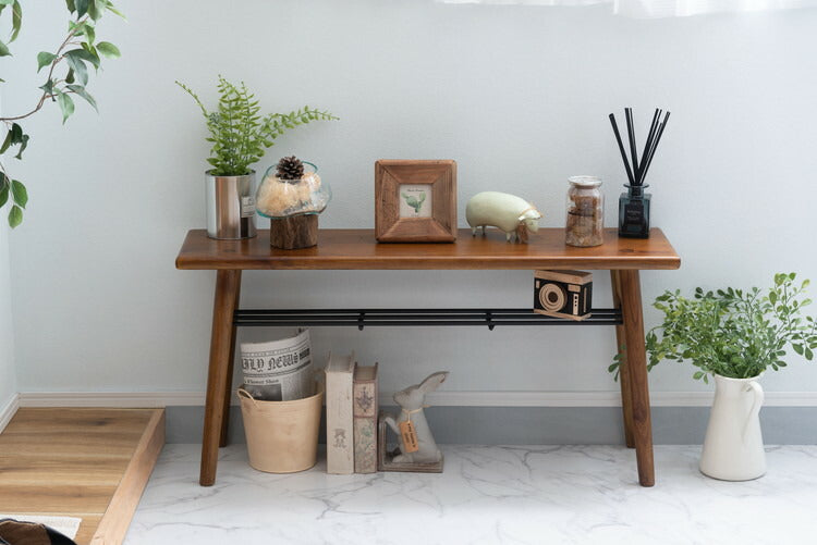 ベンチ 北欧 おしゃれ ナチュラル チェア 天然木 コンパクト 省スペース アイアン インダストリアル プランタースタンド ダイニングベンチ シューズラック 棚板付き 収納 ミンディ(代引不可)