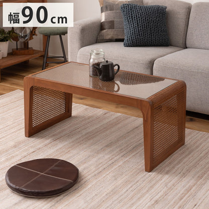 センターテーブル ラタン 籐 センターテーブル テーブル 机 ラタンセンターテーブル ラタンテーブル ローテーブル ガラス天板 ガラス クリア クリア天板 メッシュ ガラステーブル 籐編み(代引不可)