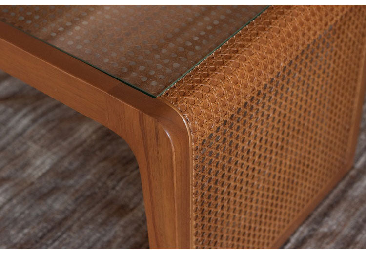 センターテーブル ラタン 籐 センターテーブル テーブル 机 ラタンセンターテーブル ラタンテーブル ローテーブル ガラス天板 ガラス クリア クリア天板 メッシュ ガラステーブル 籐編み(代引不可)