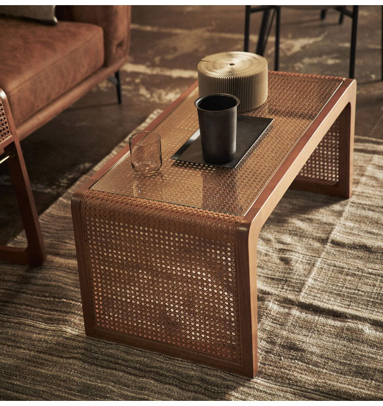 センターテーブル ラタン 籐 センターテーブル テーブル 机 ラタンセンターテーブル ラタンテーブル ローテーブル ガラス天板 ガラス クリア クリア天板 メッシュ ガラステーブル 籐編み(代引不可)