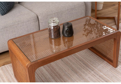 センターテーブル ラタン 籐 センターテーブル テーブル 机 ラタンセンターテーブル ラタンテーブル ローテーブル ガラス天板 ガラス クリア クリア天板 メッシュ ガラステーブル 籐編み(代引不可)