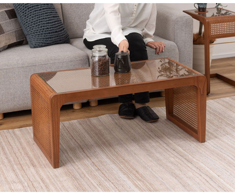 センターテーブル ラタン 籐 センターテーブル テーブル 机 ラタンセンターテーブル ラタンテーブル ローテーブル ガラス天板 ガラス クリア クリア天板 メッシュ ガラステーブル 籐編み(代引不可)