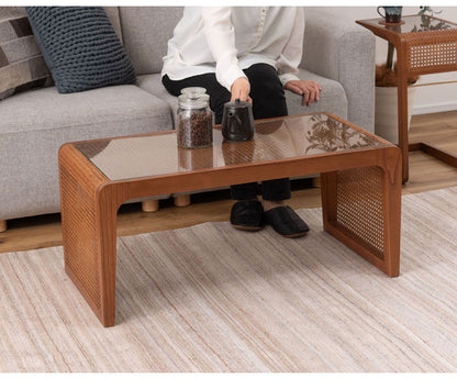 センターテーブル ラタン 籐 センターテーブル テーブル 机 ラタンセンターテーブル ラタンテーブル ローテーブル ガラス天板 ガラス クリア クリア天板 メッシュ ガラステーブル 籐編み(代引不可)