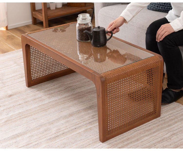 センターテーブル ラタン 籐 センターテーブル テーブル 机 ラタンセンターテーブル ラタンテーブル ローテーブル ガラス天板 ガラス クリア クリア天板 メッシュ ガラステーブル 籐編み(代引不可)