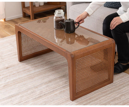 センターテーブル ラタン 籐 センターテーブル テーブル 机 ラタンセンターテーブル ラタンテーブル ローテーブル ガラス天板 ガラス クリア クリア天板 メッシュ ガラステーブル 籐編み(代引不可)