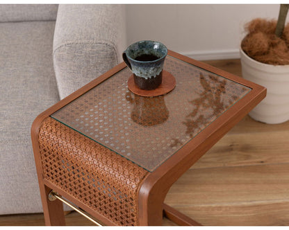 サイドテーブル ラタン 籐 センターテーブル テーブル 机 ラタンセンターテーブル ラタンテーブル ローテーブル ガラス天板 ガラス クリア クリア天板 メッシュ ガラステーブル 籐編み(代引不可)