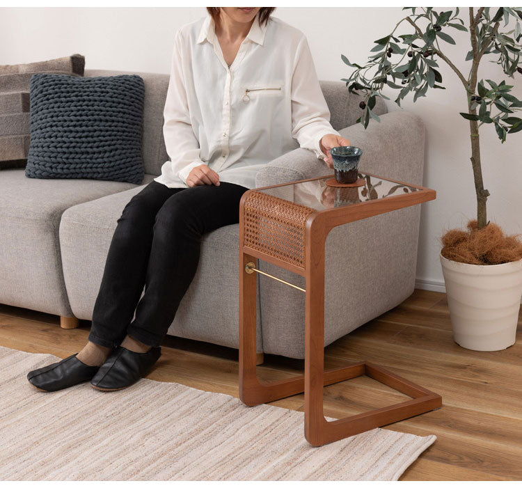 サイドテーブル ラタン 籐 センターテーブル テーブル 机 ラタンセンターテーブル ラタンテーブル ローテーブル ガラス天板 ガラス クリア クリア天板 メッシュ ガラステーブル 籐編み(代引不可)