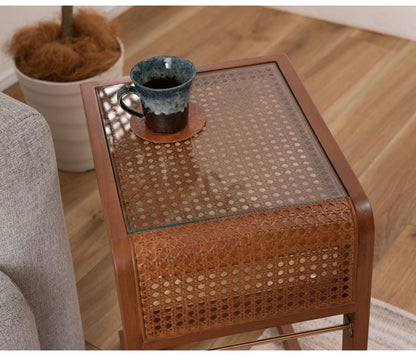 サイドテーブル ラタン 籐 センターテーブル テーブル 机 ラタンセンターテーブル ラタンテーブル ローテーブル ガラス天板 ガラス クリア クリア天板 メッシュ ガラステーブル 籐編み(代引不可)