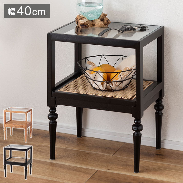 サイドテーブル PM-511 東谷 サイドテーブル ベッドサイドテーブル ソファサイドテーブル 木製 天然木 ミンディ ラタン 籐 幅40cm 高さ50cm ガラス クリア 透明 収納 棚 ターンドレッグ ろくろ脚(代引不可)