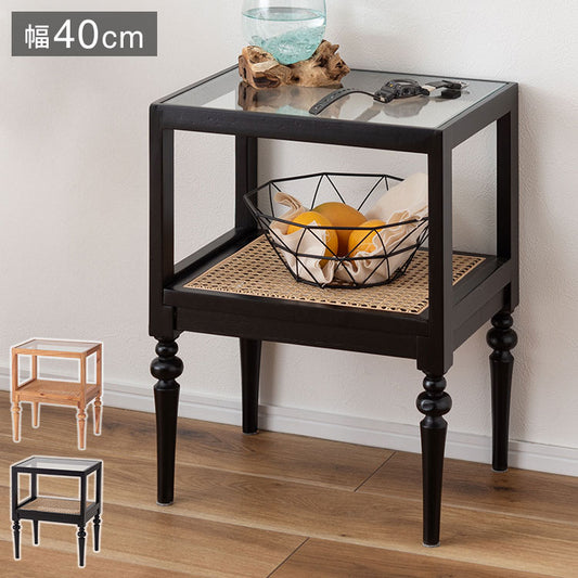 サイドテーブル PM-511 東谷 サイドテーブル ベッドサイドテーブル ソファサイドテーブル 木製 天然木 ミンディ ラタン 籐 幅40cm 高さ50cm ガラス クリア 透明 収納 棚 ターンドレッグ ろくろ脚(代引不可)