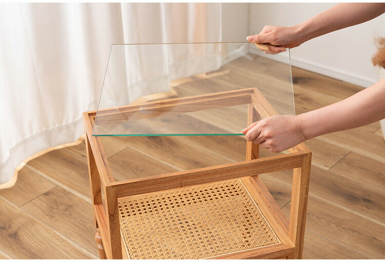 サイドテーブル PM-511 東谷 サイドテーブル ベッドサイドテーブル ソファサイドテーブル 木製 天然木 ミンディ ラタン 籐 幅40cm 高さ50cm ガラス クリア 透明 収納 棚 ターンドレッグ ろくろ脚(代引不可)