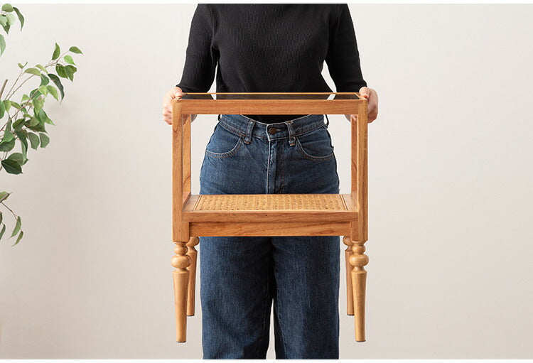 サイドテーブル PM-511 東谷 サイドテーブル ベッドサイドテーブル ソファサイドテーブル 木製 天然木 ミンディ ラタン 籐 幅40cm 高さ50cm ガラス クリア 透明 収納 棚 ターンドレッグ ろくろ脚(代引不可)