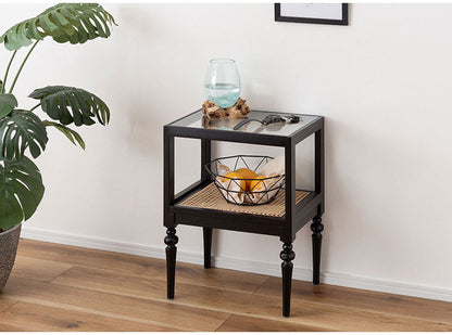 サイドテーブル PM-511 東谷 サイドテーブル ベッドサイドテーブル ソファサイドテーブル 木製 天然木 ミンディ ラタン 籐 幅40cm 高さ50cm ガラス クリア 透明 収納 棚 ターンドレッグ ろくろ脚(代引不可)