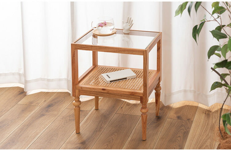 サイドテーブル PM-511 東谷 サイドテーブル ベッドサイドテーブル ソファサイドテーブル 木製 天然木 ミンディ ラタン 籐 幅40cm 高さ50cm ガラス クリア 透明 収納 棚 ターンドレッグ ろくろ脚(代引不可)