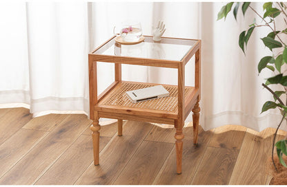 サイドテーブル PM-511 東谷 サイドテーブル ベッドサイドテーブル ソファサイドテーブル 木製 天然木 ミンディ ラタン 籐 幅40cm 高さ50cm ガラス クリア 透明 収納 棚 ターンドレッグ ろくろ脚(代引不可)