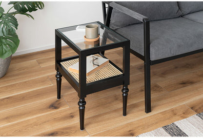 サイドテーブル PM-511 東谷 サイドテーブル ベッドサイドテーブル ソファサイドテーブル 木製 天然木 ミンディ ラタン 籐 幅40cm 高さ50cm ガラス クリア 透明 収納 棚 ターンドレッグ ろくろ脚(代引不可)