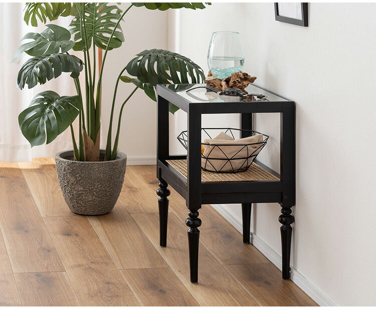 サイドテーブル PM-511 東谷 サイドテーブル ベッドサイドテーブル ソファサイドテーブル 木製 天然木 ミンディ ラタン 籐 幅40cm 高さ50cm ガラス クリア 透明 収納 棚 ターンドレッグ ろくろ脚(代引不可)