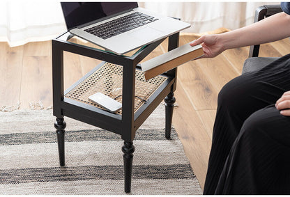 サイドテーブル PM-511 東谷 サイドテーブル ベッドサイドテーブル ソファサイドテーブル 木製 天然木 ミンディ ラタン 籐 幅40cm 高さ50cm ガラス クリア 透明 収納 棚 ターンドレッグ ろくろ脚(代引不可)