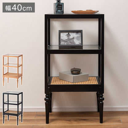 オープンシェルフ PM-512 東谷 収納 棚 シェルフ オープンシェルフ オープン収納 3段 三段 見せる収納 魅せる収納 木製 天然木 ミンディ ラタン 籐 幅40cm 高さ75cm ガラス クリア 透明(代引不可)