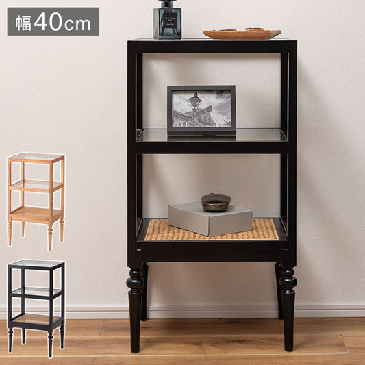 オープンシェルフ PM-512 東谷 収納 棚 シェルフ オープンシェルフ オープン収納 3段 三段 見せる収納 魅せる収納 木製 天然木 ミンディ ラタン 籐 幅40cm 高さ75cm ガラス クリア 透明(代引不可)