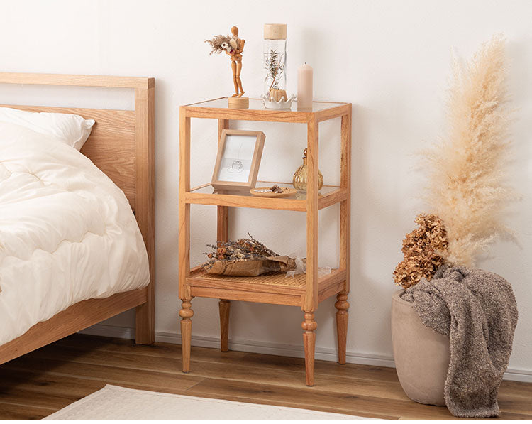 オープンシェルフ PM-512 東谷 収納 棚 シェルフ オープンシェルフ オープン収納 3段 三段 見せる収納 魅せる収納 木製 天然木 ミンディ ラタン 籐 幅40cm 高さ75cm ガラス クリア 透明(代引不可)