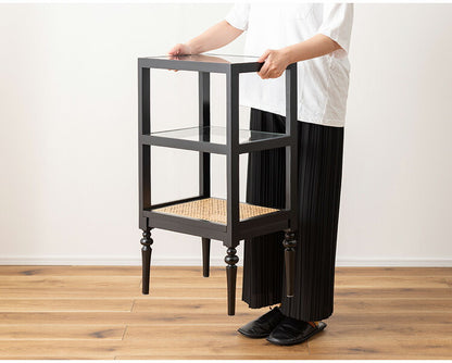 オープンシェルフ PM-512 東谷 収納 棚 シェルフ オープンシェルフ オープン収納 3段 三段 見せる収納 魅せる収納 木製 天然木 ミンディ ラタン 籐 幅40cm 高さ75cm ガラス クリア 透明(代引不可)