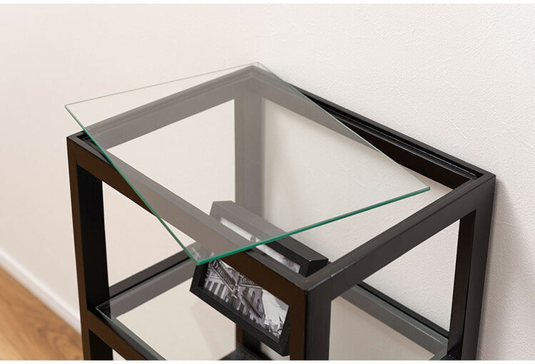 オープンシェルフ PM-512 東谷 収納 棚 シェルフ オープンシェルフ オープン収納 3段 三段 見せる収納 魅せる収納 木製 天然木 ミンディ ラタン 籐 幅40cm 高さ75cm ガラス クリア 透明(代引不可)