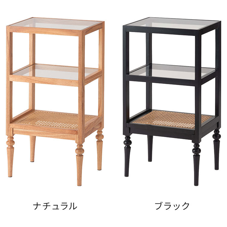 オープンシェルフ PM-512 東谷 収納 棚 シェルフ オープンシェルフ オープン収納 3段 三段 見せる収納 魅せる収納 木製 天然木 ミンディ ラタン 籐 幅40cm 高さ75cm ガラス クリア 透明(代引不可)