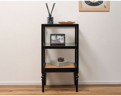 オープンシェルフ PM-512 東谷 収納 棚 シェルフ オープンシェルフ オープン収納 3段 三段 見せる収納 魅せる収納 木製 天然木 ミンディ ラタン 籐 幅40cm 高さ75cm ガラス クリア 透明(代引不可)