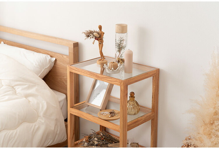 オープンシェルフ PM-512 東谷 収納 棚 シェルフ オープンシェルフ オープン収納 3段 三段 見せる収納 魅せる収納 木製 天然木 ミンディ ラタン 籐 幅40cm 高さ75cm ガラス クリア 透明(代引不可)