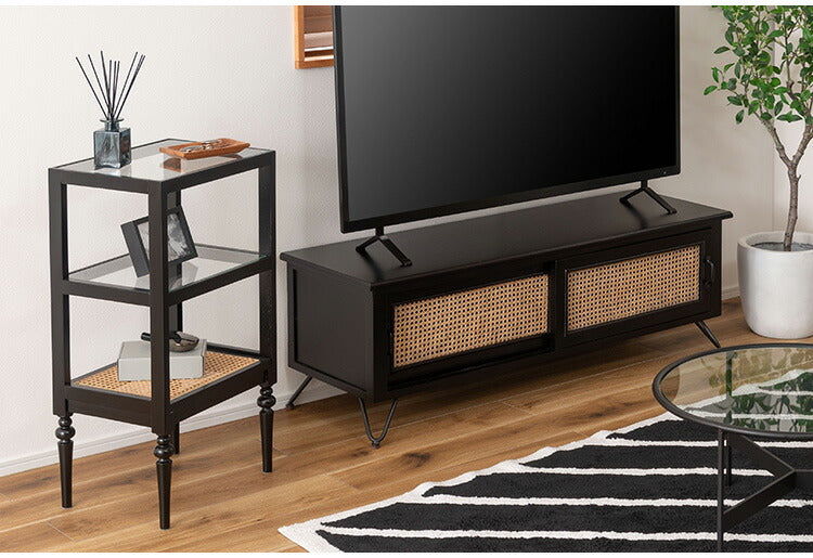 オープンシェルフ PM-512 東谷 収納 棚 シェルフ オープンシェルフ オープン収納 3段 三段 見せる収納 魅せる収納 木製 天然木 ミンディ ラタン 籐 幅40cm 高さ75cm ガラス クリア 透明(代引不可)