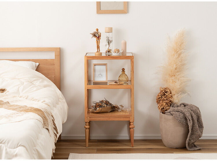 オープンシェルフ PM-512 東谷 収納 棚 シェルフ オープンシェルフ オープン収納 3段 三段 見せる収納 魅せる収納 木製 天然木 ミンディ ラタン 籐 幅40cm 高さ75cm ガラス クリア 透明(代引不可)