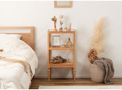 オープンシェルフ PM-512 東谷 収納 棚 シェルフ オープンシェルフ オープン収納 3段 三段 見せる収納 魅せる収納 木製 天然木 ミンディ ラタン 籐 幅40cm 高さ75cm ガラス クリア 透明(代引不可)