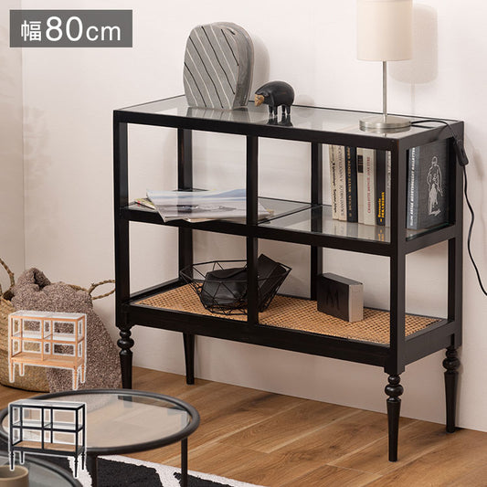 オープンシェルフ PM-513 東谷 収納 棚 シェルフ オープンシェルフ オープン収納 3段 三段 見せる収納 魅せる収納 木製 天然木 ミンディ ラタン 籐 幅80cm 高さ75cm ガラス クリア 透明(代引不可)