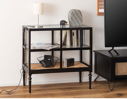 オープンシェルフ PM-513 東谷 収納 棚 シェルフ オープンシェルフ オープン収納 3段 三段 見せる収納 魅せる収納 木製 天然木 ミンディ ラタン 籐 幅80cm 高さ75cm ガラス クリア 透明(代引不可)