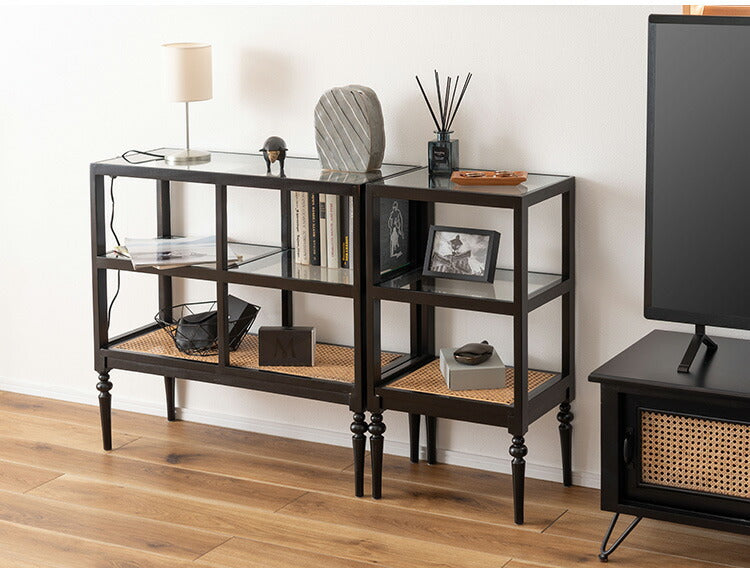 オープンシェルフ PM-513 東谷 収納 棚 シェルフ オープンシェルフ オープン収納 3段 三段 見せる収納 魅せる収納 木製 天然木 ミンディ ラタン 籐 幅80cm 高さ75cm ガラス クリア 透明(代引不可)