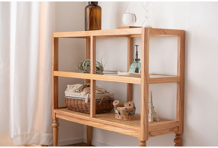 オープンシェルフ PM-513 東谷 収納 棚 シェルフ オープンシェルフ オープン収納 3段 三段 見せる収納 魅せる収納 木製 天然木 ミンディ ラタン 籐 幅80cm 高さ75cm ガラス クリア 透明(代引不可)