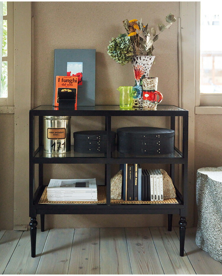 オープンシェルフ PM-513 東谷 収納 棚 シェルフ オープンシェルフ オープン収納 3段 三段 見せる収納 魅せる収納 木製 天然木 ミンディ ラタン 籐 幅80cm 高さ75cm ガラス クリア 透明(代引不可)