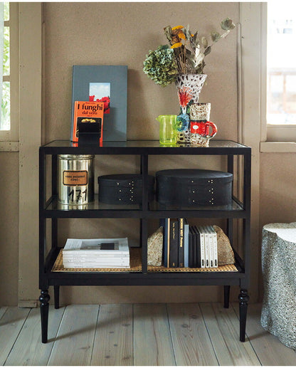 オープンシェルフ PM-513 東谷 収納 棚 シェルフ オープンシェルフ オープン収納 3段 三段 見せる収納 魅せる収納 木製 天然木 ミンディ ラタン 籐 幅80cm 高さ75cm ガラス クリア 透明(代引不可)