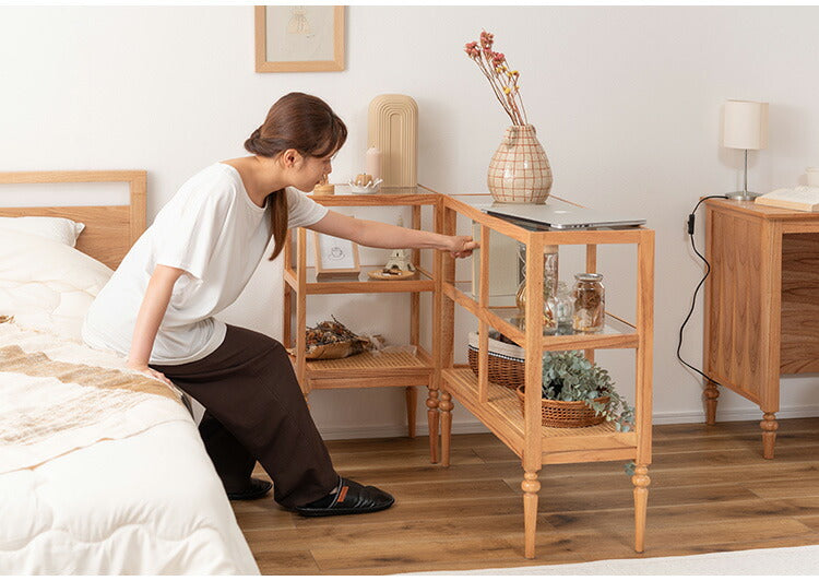 オープンシェルフ PM-513 東谷 収納 棚 シェルフ オープンシェルフ オープン収納 3段 三段 見せる収納 魅せる収納 木製 天然木 ミンディ ラタン 籐 幅80cm 高さ75cm ガラス クリア 透明(代引不可)