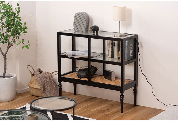 オープンシェルフ PM-513 東谷 収納 棚 シェルフ オープンシェルフ オープン収納 3段 三段 見せる収納 魅せる収納 木製 天然木 ミンディ ラタン 籐 幅80cm 高さ75cm ガラス クリア 透明(代引不可)