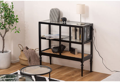 オープンシェルフ PM-513 東谷 収納 棚 シェルフ オープンシェルフ オープン収納 3段 三段 見せる収納 魅せる収納 木製 天然木 ミンディ ラタン 籐 幅80cm 高さ75cm ガラス クリア 透明(代引不可)