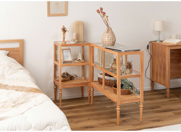 オープンシェルフ PM-513 東谷 収納 棚 シェルフ オープンシェルフ オープン収納 3段 三段 見せる収納 魅せる収納 木製 天然木 ミンディ ラタン 籐 幅80cm 高さ75cm ガラス クリア 透明(代引不可)