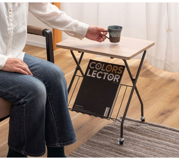 フォールディングサイドテーブル 折りたたみ式テーブル テーブル フォールディング キャスター付き 収納 飾り棚 移動 転がる おしゃれ 木目調 スチール 高さ47cm キッチン 作業デスク シンプル(代引不可)