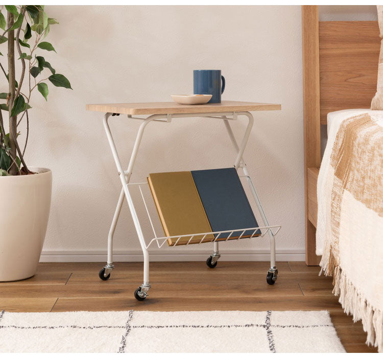 フォールディングサイドテーブル 折りたたみ式テーブル テーブル フォールディング キャスター付き 収納 飾り棚 移動 転がる おしゃれ 木目調 スチール 高さ47cm キッチン 作業デスク シンプル(代引不可)
