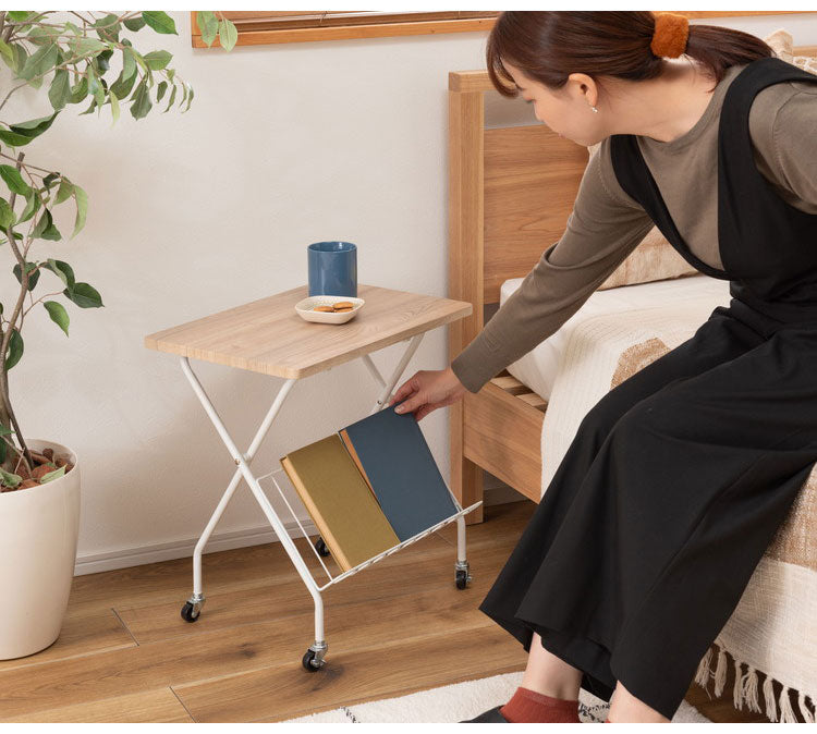 フォールディングサイドテーブル 折りたたみ式テーブル テーブル フォールディング キャスター付き 収納 飾り棚 移動 転がる おしゃれ 木目調 スチール 高さ47cm キッチン 作業デスク シンプル(代引不可)